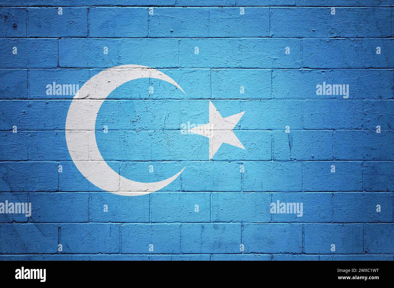Drapeau du Turkestan oriental (ouïghour) peint sur un mur de blocs de cendre. Banque D'Images