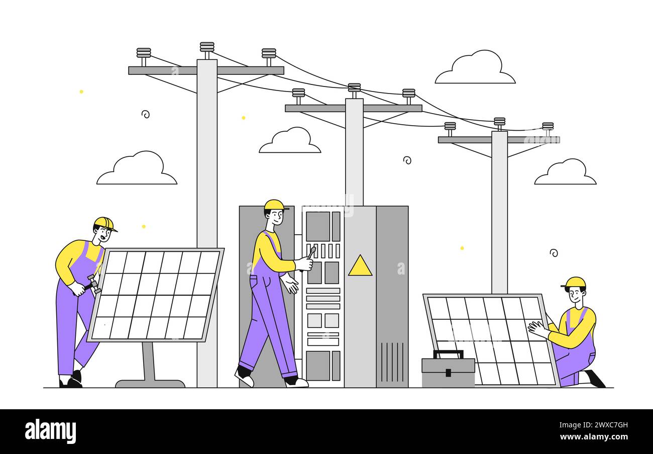 Ouvriers électriciens avec panneaux solaires vecteur linéaire Illustration de Vecteur