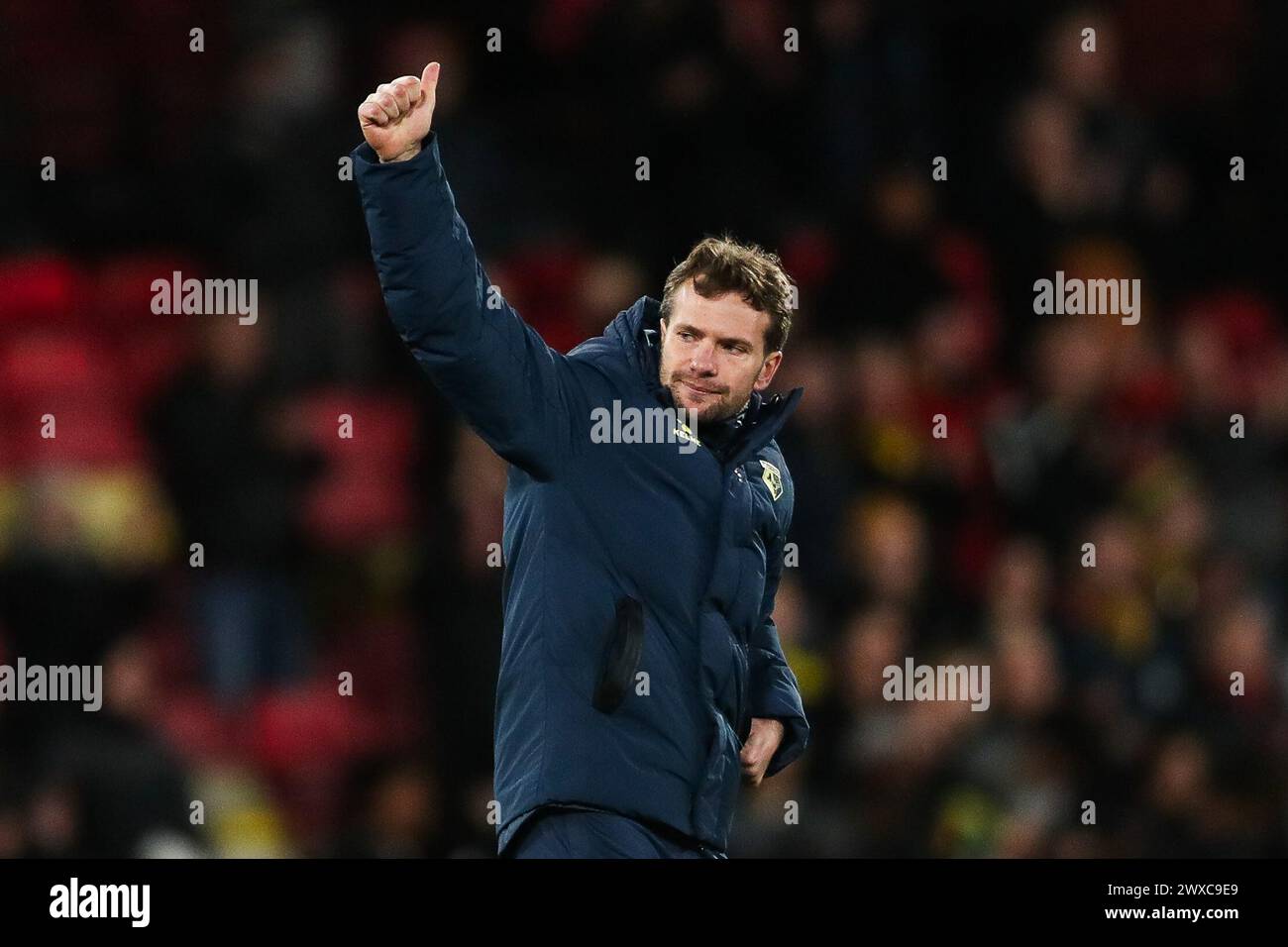 Watford, Royaume-Uni. 29 mars 2024. Le manager de Watford Tom astucieusement après le coup de sifflet final lors du match du Watford FC vs Leeds United FC SKY Bet EFL Championship à Vicarage Road, Watford, Angleterre, Royaume-Uni le 29 mars 2024 Credit : Every second Media/Alamy Live News Banque D'Images