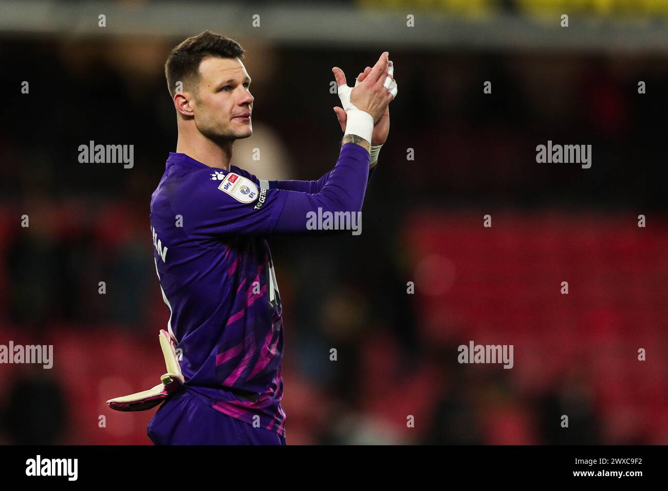 Watford, Royaume-Uni. 29 mars 2024. Le gardien de but de Watford Daniel Bachmann après le coup de sifflet final lors du match du Watford FC vs Leeds United FC Sky Bet EFL Championship à Vicarage Road, Watford, Angleterre, Royaume-Uni le 29 mars 2024 Credit : Every second Media/Alamy Live News Banque D'Images