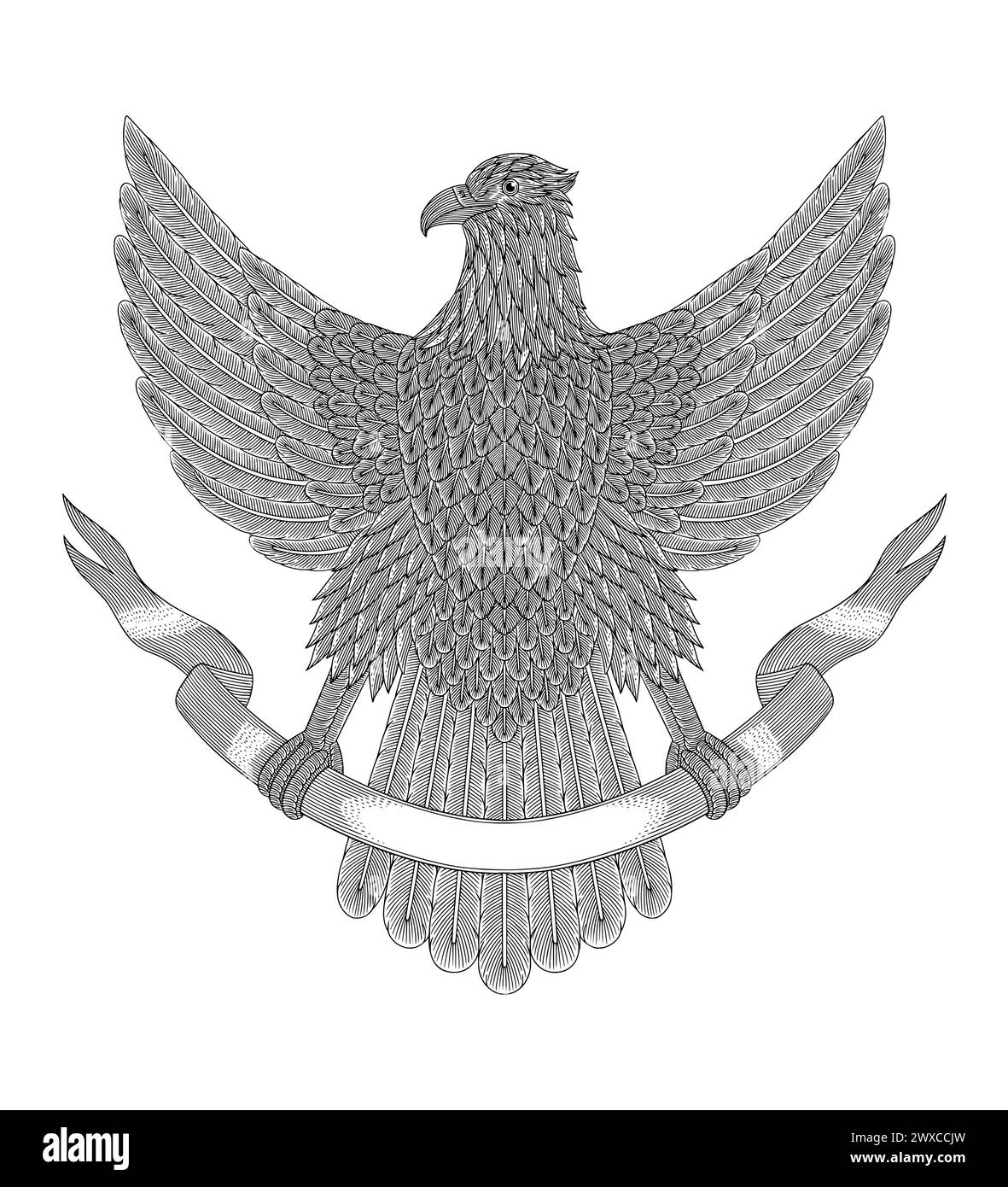 Oiseau aigle avec ruban, illustration de style de dessin de gravure Vintage Illustration de Vecteur