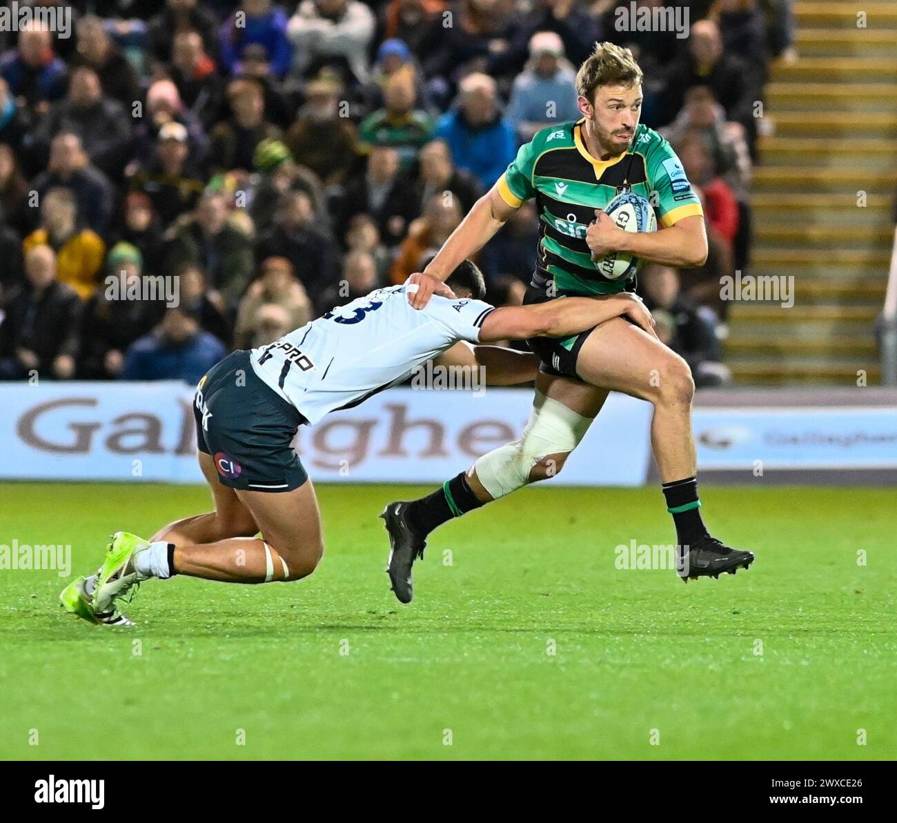 Northampton ANGLETERRE - mars 29-2024 : Alex Goode des Saracens fait tomber James Ramm des Northampton Saints lors du match entre les Northampton Saints et Saracens Rugby au Cinch Stadium Franklin’s Gardens. Northampton Banque D'Images