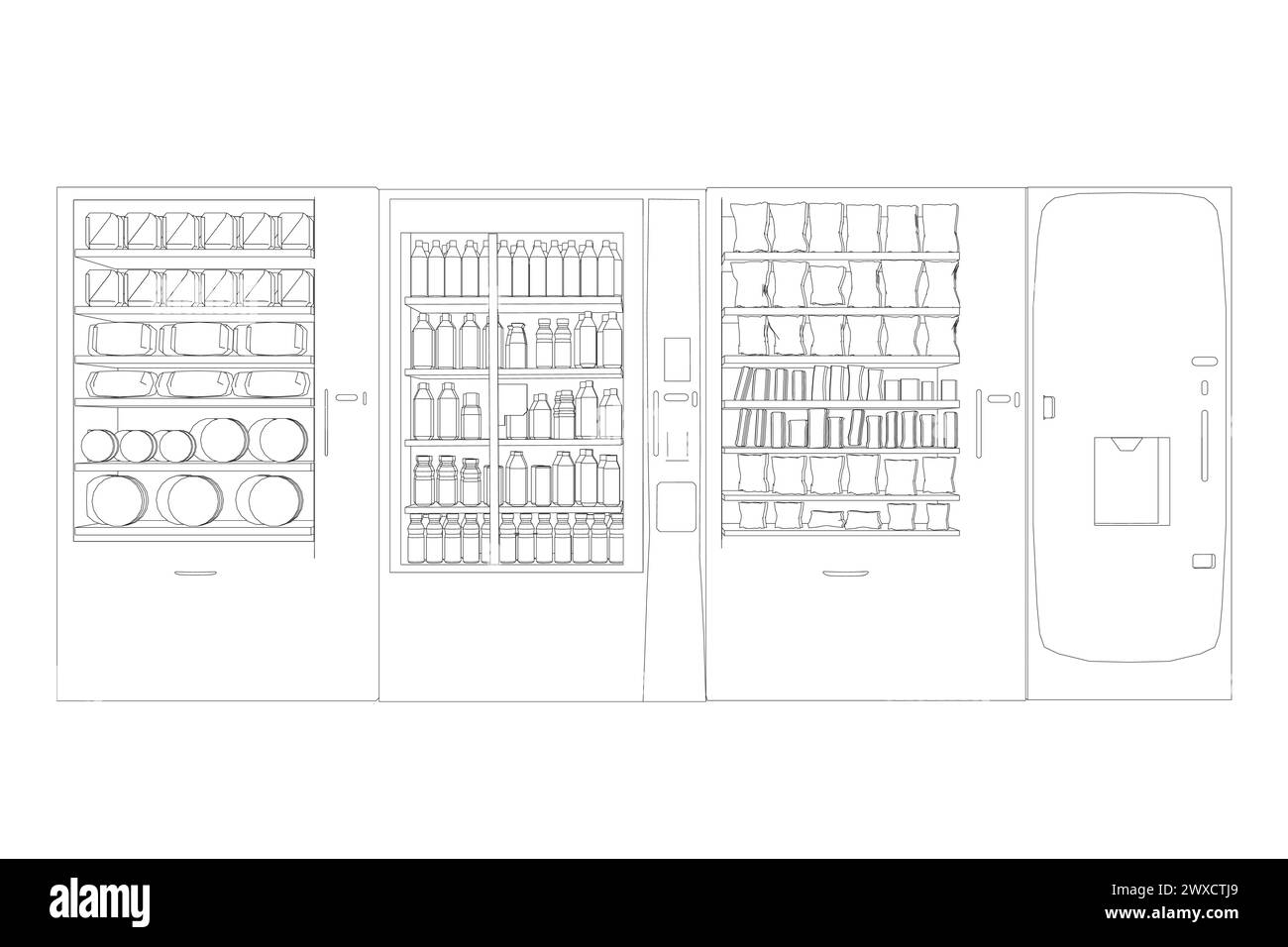 La vente de café, de collation et d'eau est une machine. Contour d'un distributeur automatique de snacks à partir de lignes noires isolées sur un fond blanc. Vue de face. 3D.. Vect Illustration de Vecteur