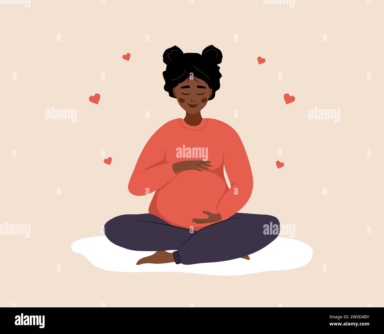 Femme enceinte en position lotus embrasse son ventre. Personnage féminin africain attendant bébé. Une fille heureuse médite. Concept de grossesse et de maternité Illustration de Vecteur