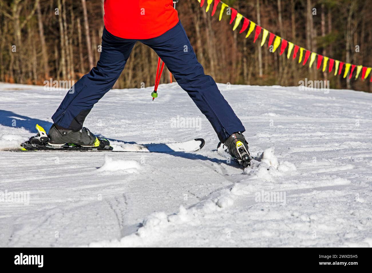 skieur descend d'une pente enneigée avec une charrue par une journée ensoleillée. Vacances actives en famille Banque D'Images