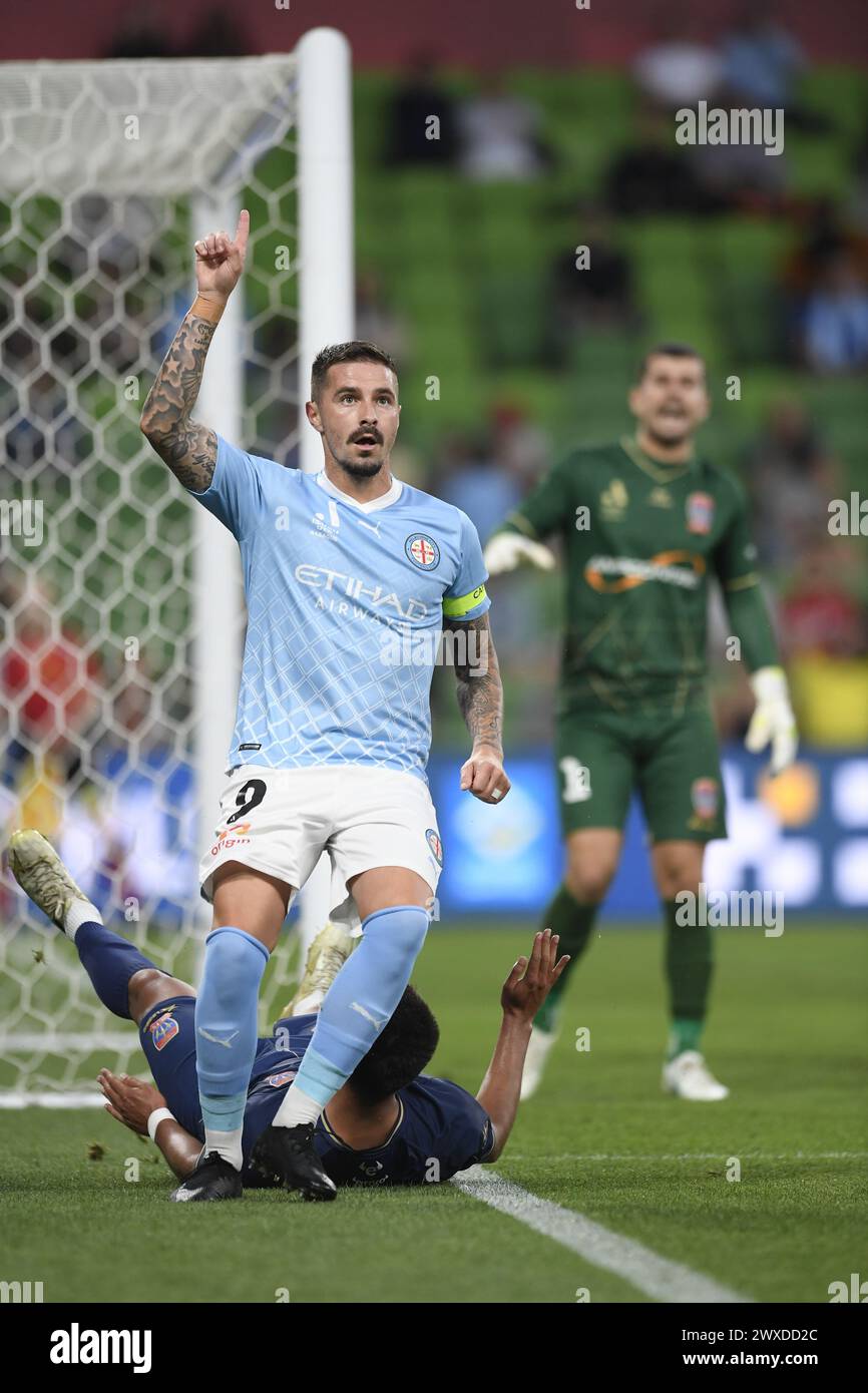 MELBOURNE, AUSTRALIE 30 mars 2024. L'attaquant de Melbourne City Jamie Maclaren(9) lors de la manche masculine de la Ligue A 22 Melbourne City contre Newcastle United jets à AAMI Park, Melbourne, Australie. Crédit : Karl Phillipson/Alamy Live News Banque D'Images