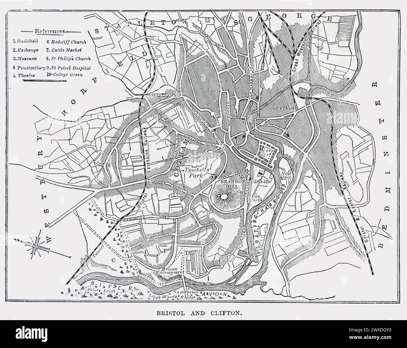 Carte de Bristol et Clifton au XIXe siècle. Illustration en noir et blanc de « notre propre pays » publiée par Cassell, Petter, Galpin & Co. Fin du XIXe siècle. Banque D'Images