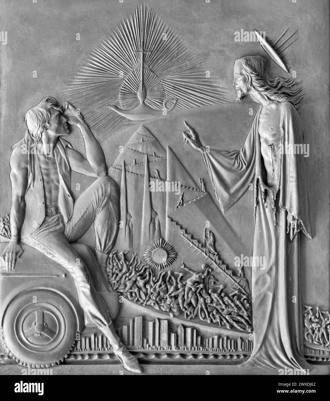 MILAN, ITALIE - 8 MARS 2024 : le relief métallique du Christ et du jeune souverain riche sur la porte de l'église Chiesa di Santi Quattro Evangelisti Banque D'Images