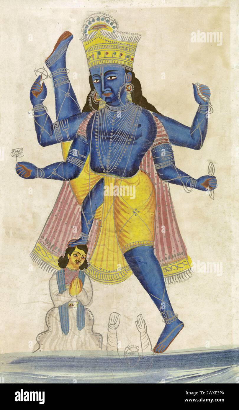 Vamana (Trivikrama) C19ème miniature indienne. Peinture sur papier. Vamana est la 5ème incarnation de Vishnu. Dans une bataille entre les dieux et les démons, les dieux ont été vaincus. Vishnu apparaît alors sous la forme d'un nain et demande au roi des démons, Bali, un petit bout de terre qu'il peut entrer en 3 étapes. Bali est d'accord. Vishnu se transforme en une figure géante et marche sur la terre, le monde souterrain et les cieux. Avec un pas, il conquiert le ciel et la terre, avec la seconde il conquiert l'univers. Puisqu’il n’y a pas de place pour la troisième étape, Bali offre sa propre tête. Banque D'Images