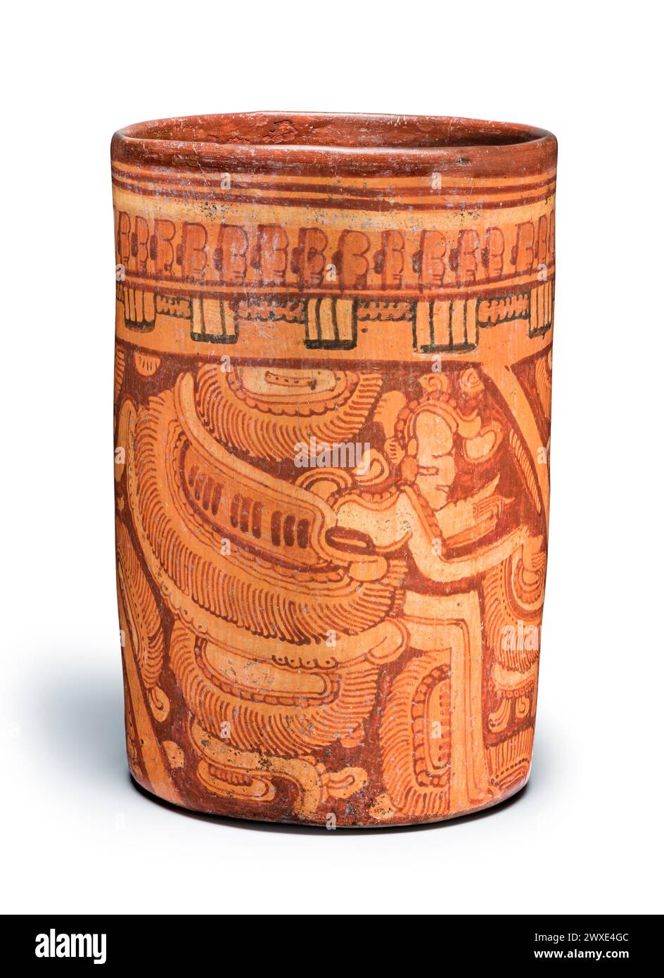 Navire cylindrique polychrome avec danseurs aviaires Honduras, vallée de Ulœa, Maya, 650-750 ce. Céramique peinte par glissement. 15,5 cm de diamètre. Banque D'Images
