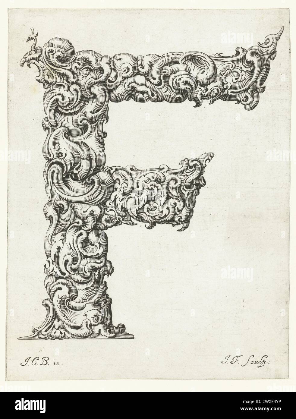 Impression lithographique. Lettre F Jeremias Falck, d'après Johann Christian Bierpfaf, c.1645-50. Libellus Novus Elementorum Latinorum Banque D'Images