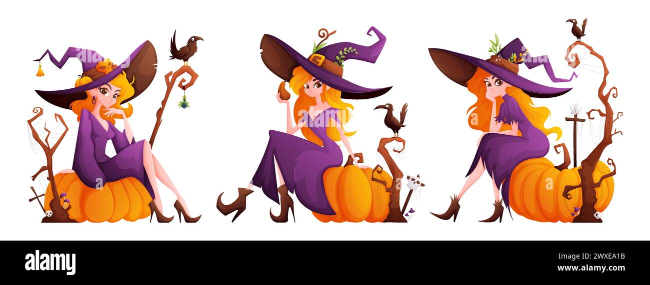 Ensemble de sorcières d'Halloween. Une sorcière avec un look mignon, cheveux orange, une robe violette et un grand chapeau violet se trouve sur une énorme citrouille. Vieil arbre séché, croix Illustration de Vecteur