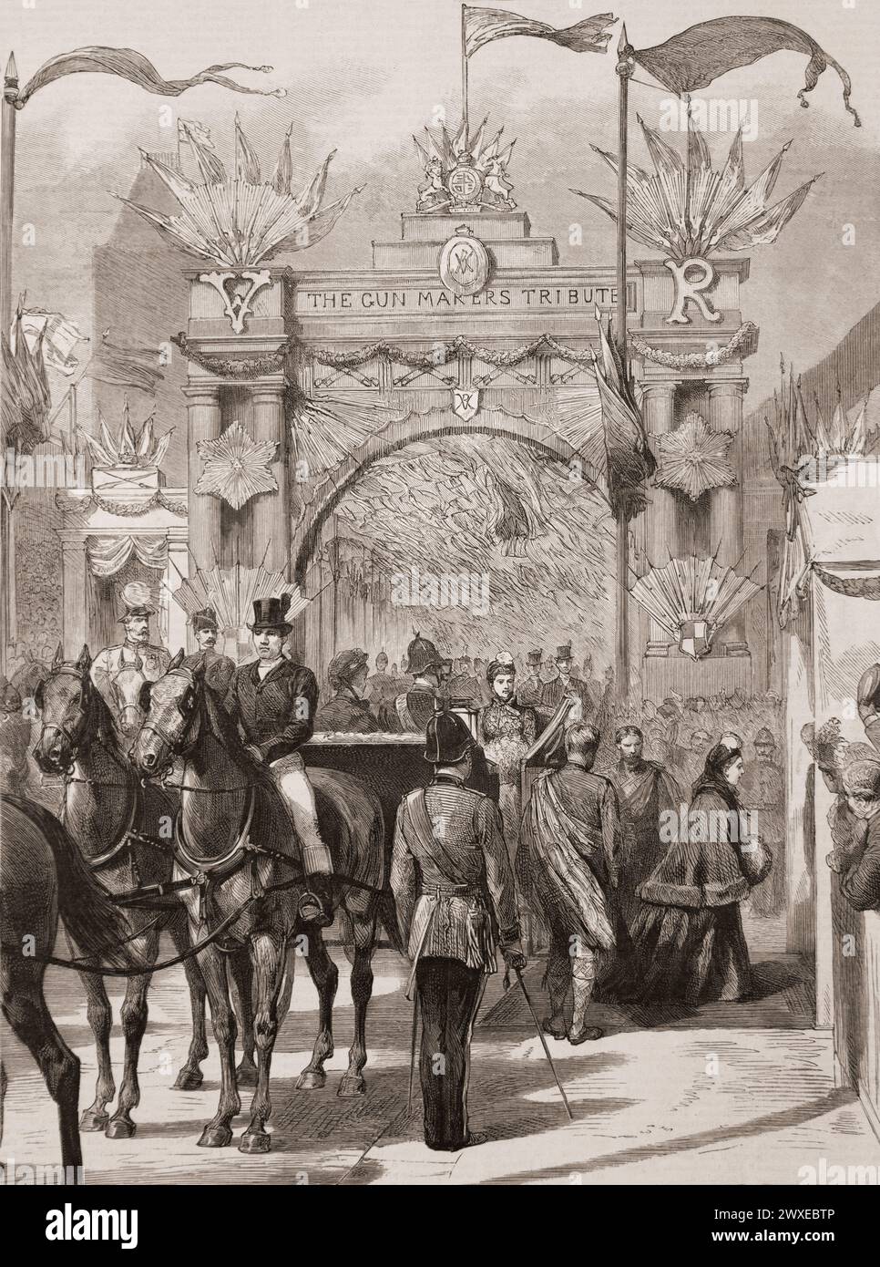 Arrivée de la reine Victoria au pavillon pour poser la première pierre des nouveaux Victoria courts - l'arche des Gunmakers, Birmingham, Angleterre. Tiré du journal Graphic Illustrated Weekly, imprimé en 1887. Banque D'Images