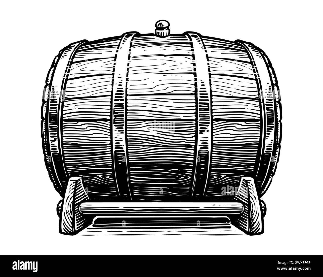 Tonneau en bois. Fût pour vin, bière ou whisky. Esquisse dessinée à la main style de gravure d'illustration vintage Illustration de Vecteur