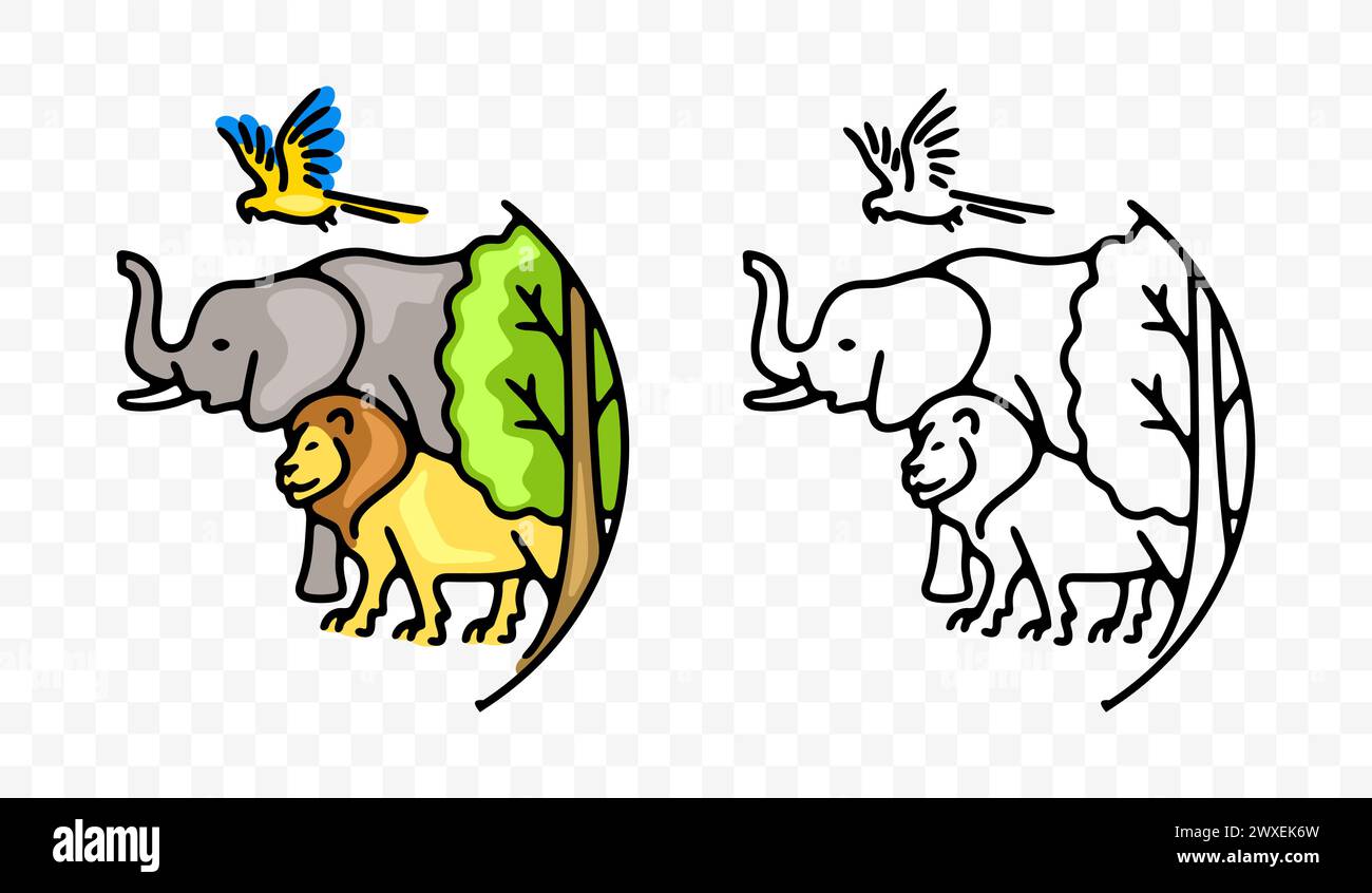 Lion, éléphant, perroquet d'aras, arbre et plante, oiseau et animaux, conception graphique. Écosystème, environnement, environnement, biodiversité et diversité Illustration de Vecteur