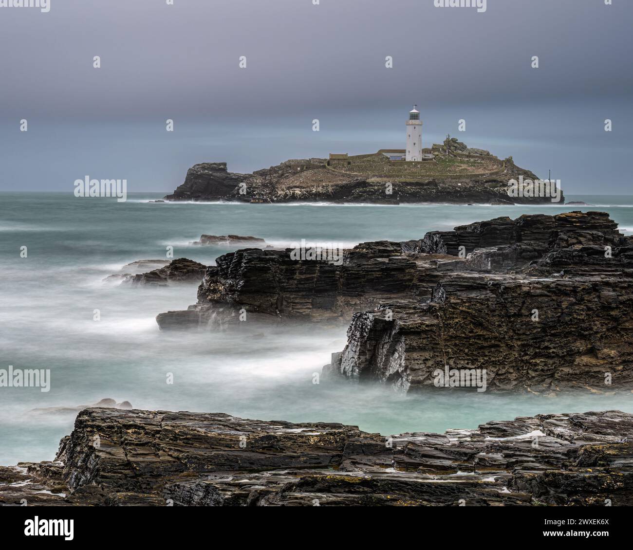 Phare et plage de Godrevy, Cornwall Banque D'Images