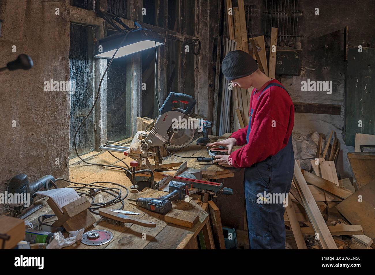 Jeune homme à un Flex dans son atelier, Mecklenburg-Vorpommern, Allemagne Banque D'Images