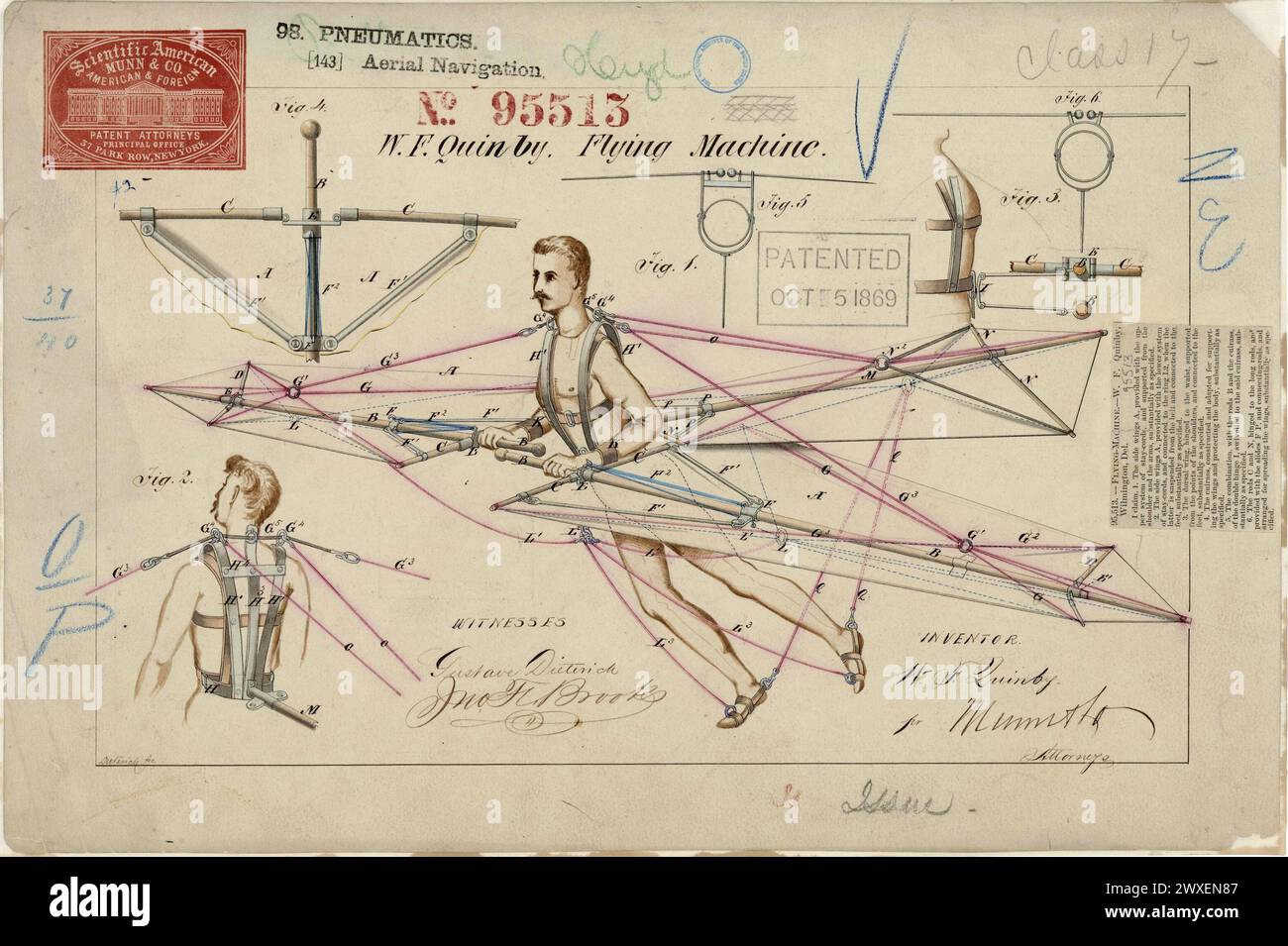 Dessin du brevet américain pour une machine volante, 10/05/1869 Banque D'Images