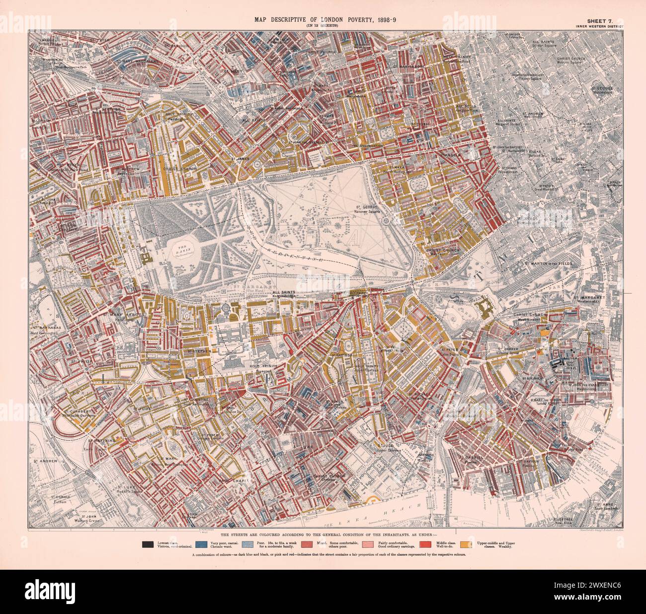 Carte imprimée descriptive de la pauvreté de Londres 1898-1899. Fiche 7. District de l'Ouest intérieur. Couverture : Pimlico, Westminster, Brompton, Chelsea, Mayfair, Marylebone, Paddington, Bayswater, Notting Hill, Kensington, Knightsbridge, Pimlico et Belgravia. Banque D'Images