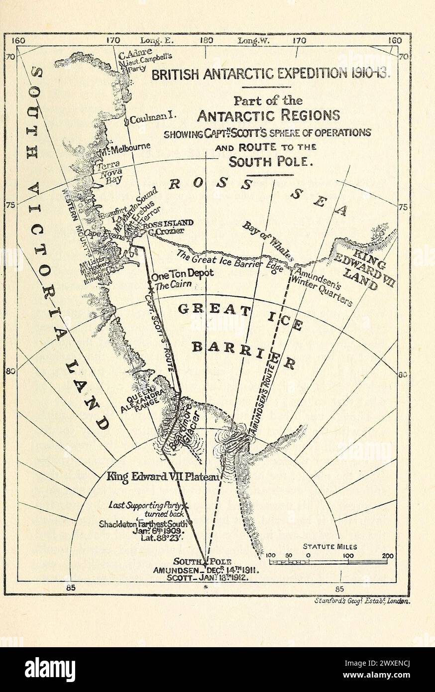 Carte Vintage Explorer. Expédition antarctique britannique 1910-13. Montrant la sphère d'opérations du Capt Scott et la route vers le pôle Sud. assiette de livre. Banque D'Images