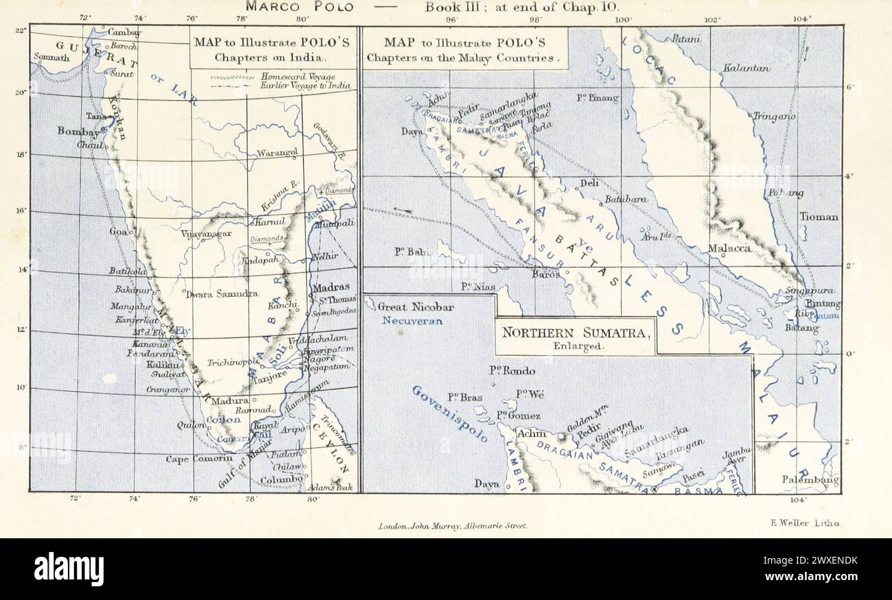 Carte Vintage Explorer : le voyage de Marco Polo en Inde et dans les pays malais. Du livre de Ser Marco Polo, le vénitien, concernant les royaumes et les merveilles de l'Orient. ' Banque D'Images