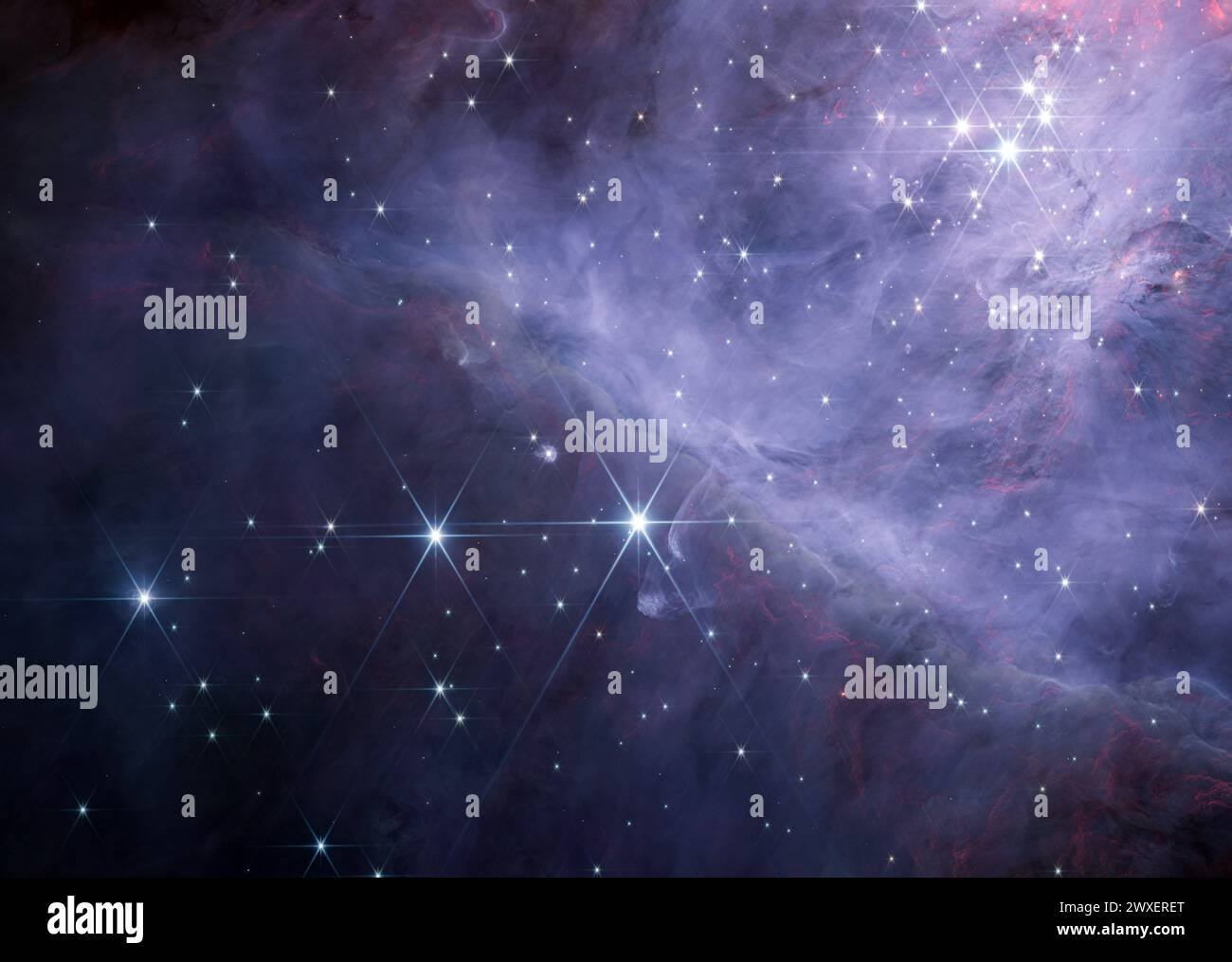 Détail de la nébuleuse d'Orion interne et de l'amas de trapèze réalisé à l'aide de l'instrument NIRCam sur le télescope spatial James Webb NASA/ESA/CSA. Il s'agit du Banque D'Images