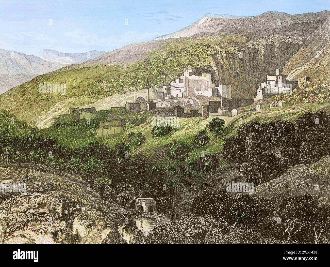 Nazareth. Vue générale de la ville. Gravure par Aubert. Coloration ultérieure. 'La Tierra Santa y los lugares recorridos por los profetas, por los apóstoles y por los cruzados' (Terre Sainte et lieux traversés par les prophètes, les apôtres et les croisés). Publié à Barcelone par l'imprimerie Joaquin Verdaguer, 1840. Banque D'Images