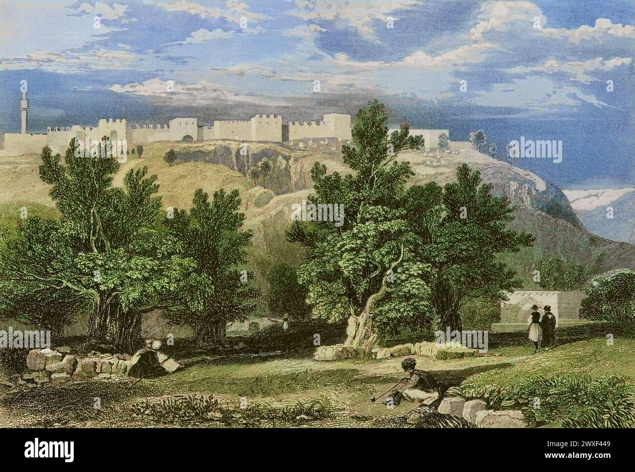 Jérusalem. Jardin des olives. Gravure par Aubert. Coloration ultérieure. 'La Tierra Santa y los lugares recorridos por los profetas, por los apóstoles y por los cruzados' (Terre Sainte et lieux traversés par les prophètes, les apôtres et les croisés). Publié à Barcelone par l'imprimerie Joaquin Verdaguer, 1840. Banque D'Images
