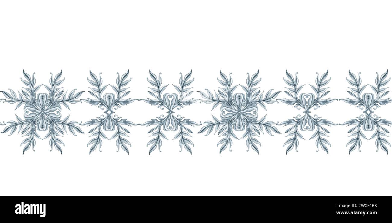 Motif horizontal sans couture d'aquarelle florale grise monochrome avec des branches et des feuilles pour un design vintage élégant, modèle, bannière, autocollant, tatouage, Banque D'Images