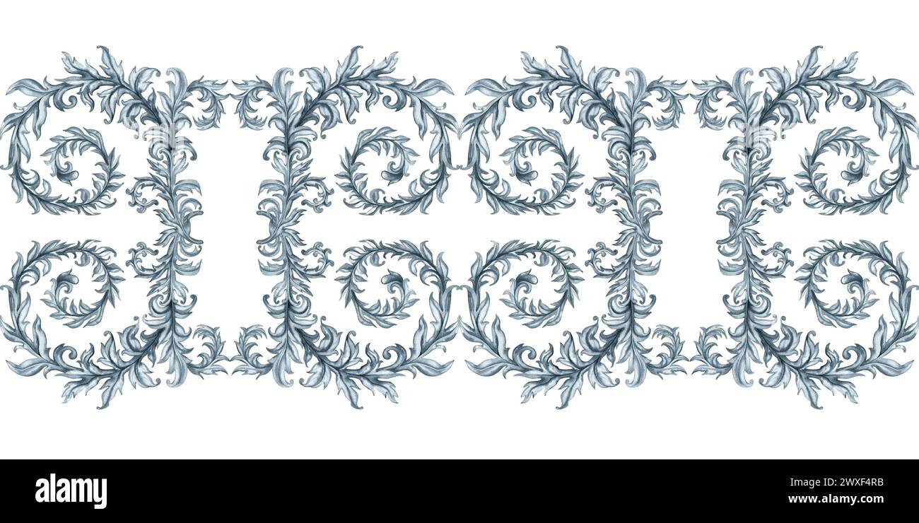 Motif horizontal sans couture d'aquarelle florale grise monochrome avec des branches et des feuilles pour un design vintage élégant, modèle, bannière, autocollant, tatouage, Banque D'Images