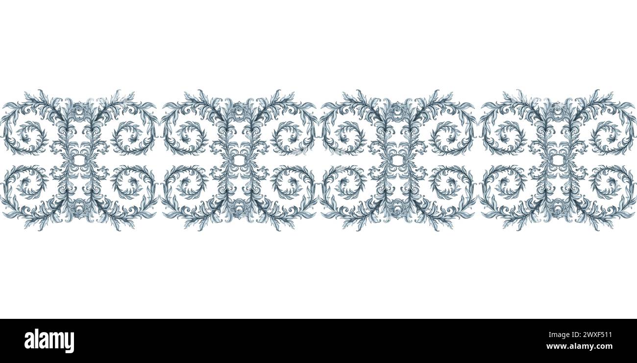 Motif horizontal sans couture d'aquarelle florale grise monochrome avec des branches et des feuilles pour un design vintage élégant, modèle, bannière, autocollant, tatouage, Banque D'Images