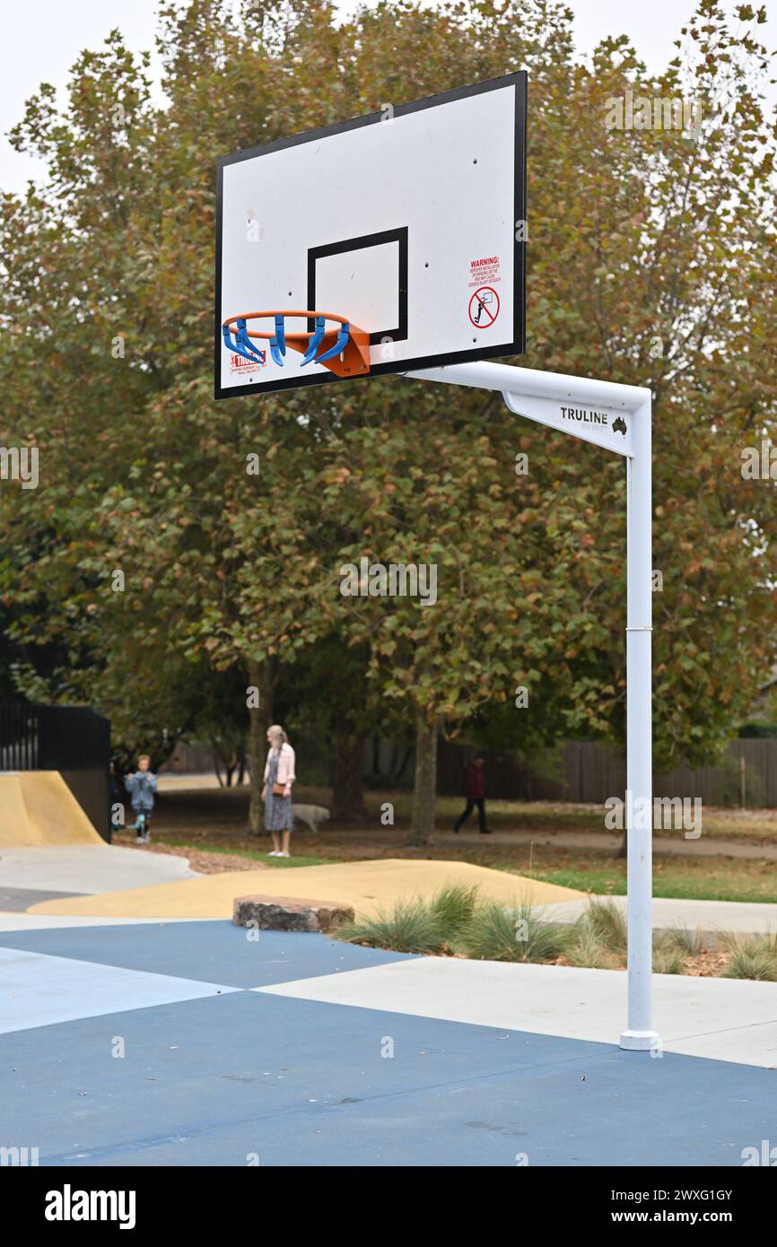 Tour de basket Truline et panneau arrière avec cerceau Infinet dans un parc local, en automne Banque D'Images