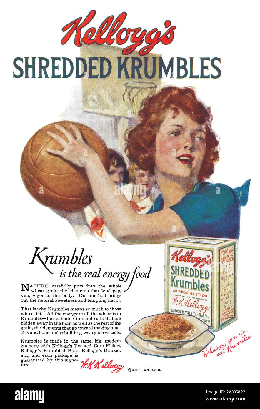 Publicité américaine de 1920 pour les céréales de petit déjeuner Krumbles râpées Kelloggs. Banque D'Images
