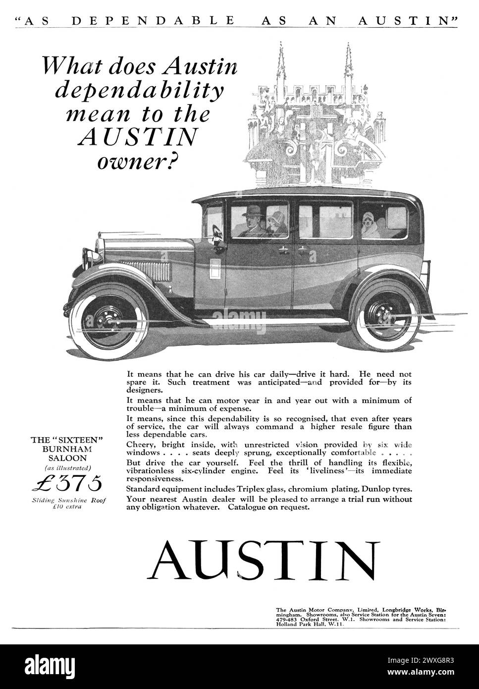 Publicité britannique de 1930 pour les voitures Austin, mettant en vedette l'Austin 'Sixteen' Burnham Saloon. Banque D'Images