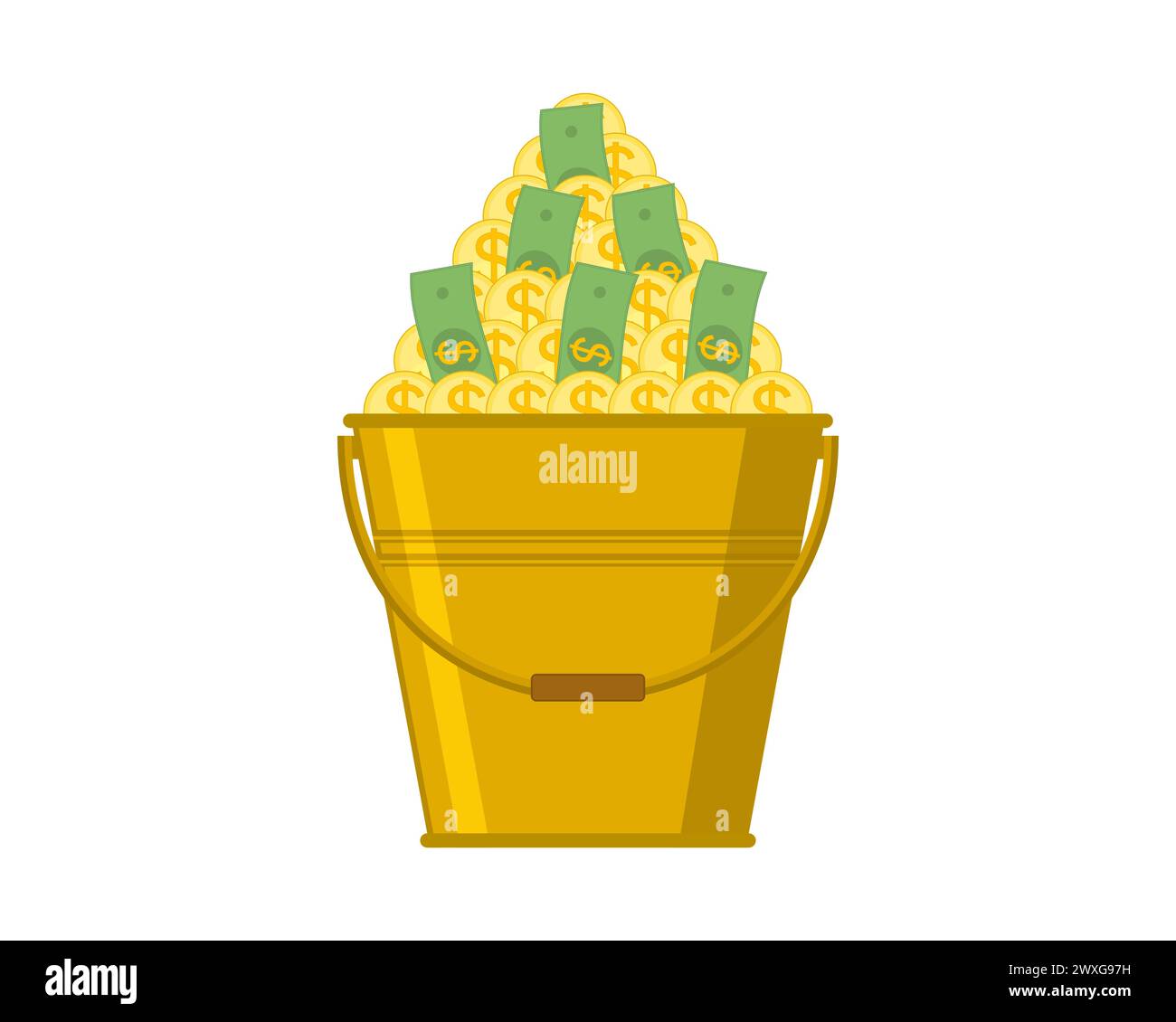 Un seau doré avec une grosse pile d'argent à l'intérieur. Illustration vectorielle avec des dollars de papier dans un seau sur un fond blanc. Illustration de Vecteur