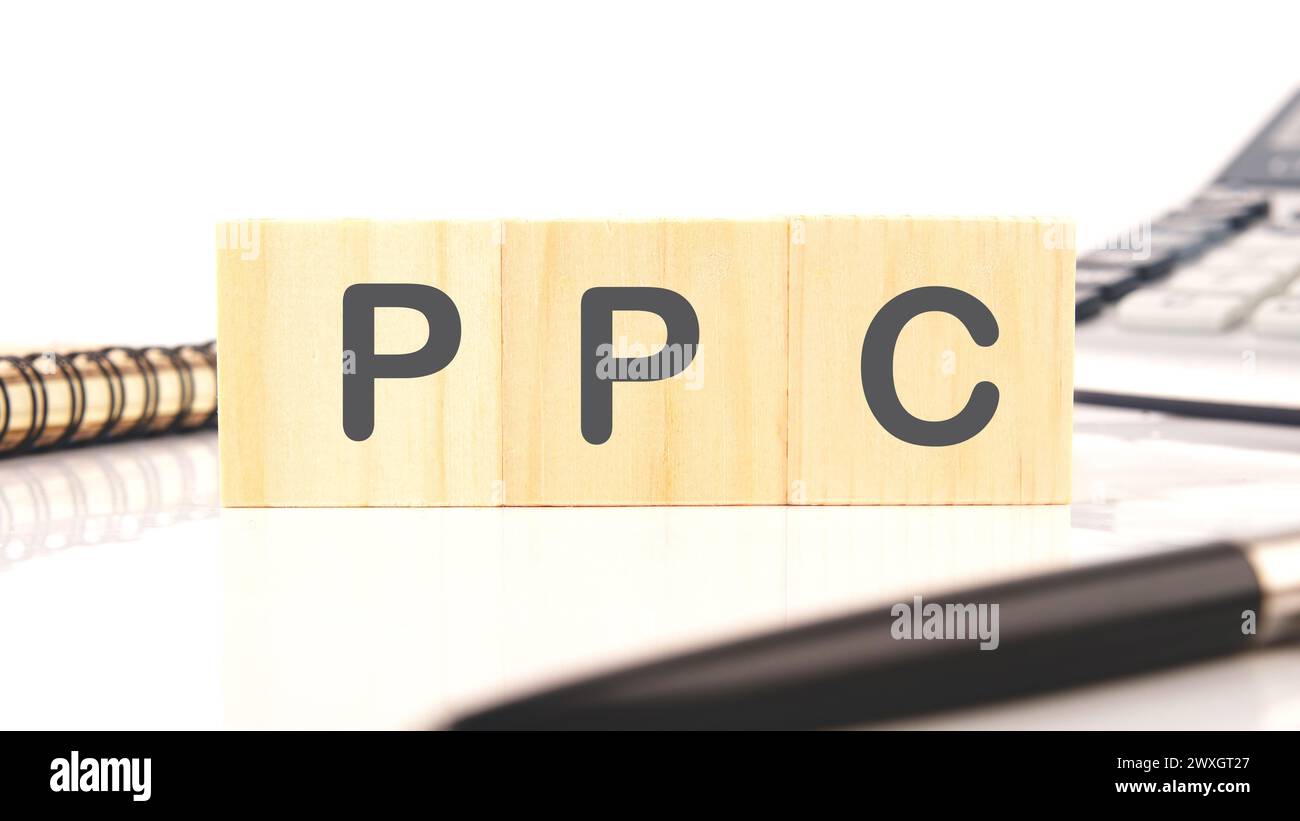 PPC - Pay Per Click concept Business sur cubes en bois sur fond blanc Banque D'Images