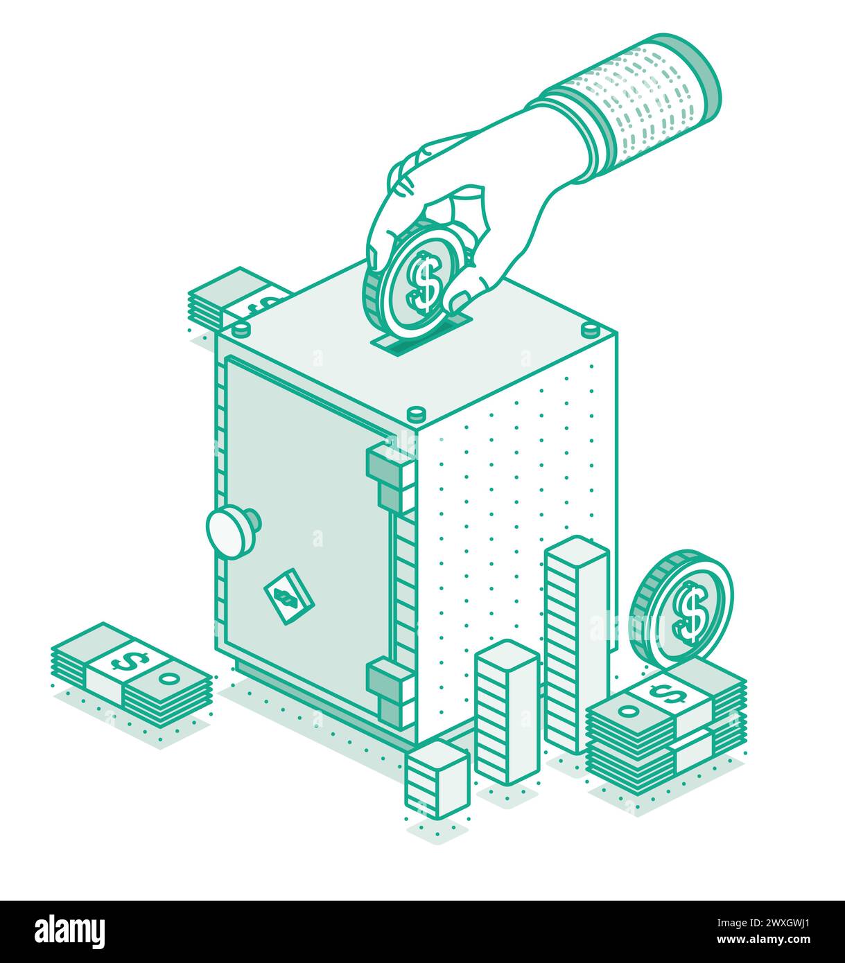 La main met l'argent dans le coffre-fort. Concept isométrique de l'argent d'épargne. Pièce d'un dollar. Pile d'argent. Illustration vectorielle. Contour de l'objet. Gérer l'argent et financ Illustration de Vecteur