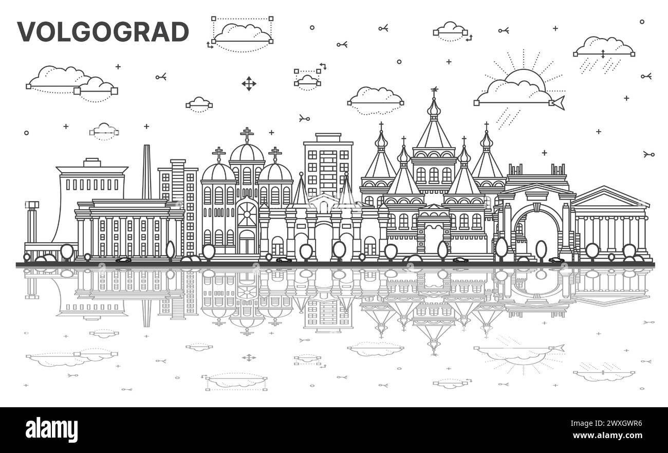 Contour Volgograd Russie ville skyline avec des bâtiments modernes et historiques avec des reflets isolés sur blanc. Illustration vectorielle. Paysage urbain de Volgograd Illustration de Vecteur