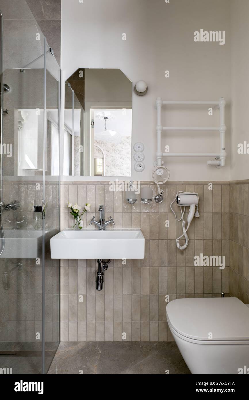 Une salle de bains avec des accessoires de plomberie tels qu'un lavabo, un miroir et des toilettes Banque D'Images