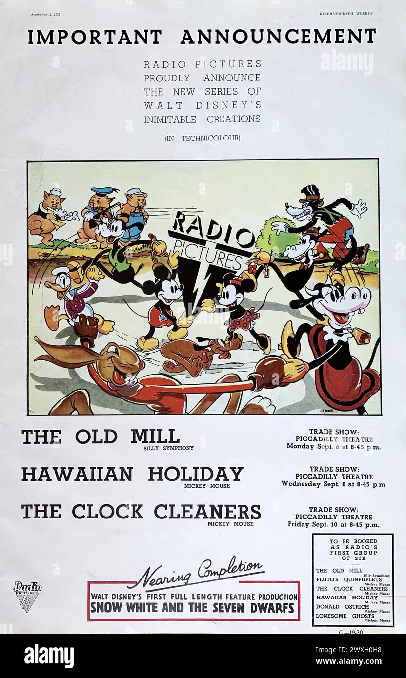 Publicité commerciale britannique de 1937 pour WALT DISNEY Cartoon Shorts distribué par RKO Radio Pictures y compris MICKEY MOUSE MINNIE MOUSE DONALD DUCK PLUTO LES TROIS PETITS COCHONS et le GRAND MÉCHANT LOUP Banque D'Images