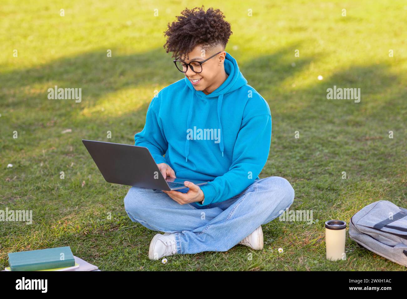 Étudiant masculin travaillant sur ordinateur portable dans un champ herbeux Banque D'Images