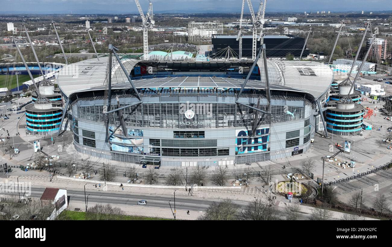Manchester, Royaume-Uni. 31 mars 2024. Vue aérienne de l'Etihad Stadium avant le match de premier League Manchester City vs Arsenal à l'Etihad Stadium, Manchester, Royaume-Uni, le 31 mars 2024 (photo Mark Cosgrove/News images) à Manchester, Royaume-Uni, le 31/03/2024. (Photo de Mark Cosgrove/News images/SIPA USA) crédit : SIPA USA/Alamy Live News Banque D'Images