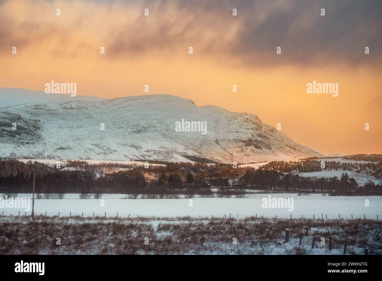 Un paysage de montagne enneigé au coucher du soleil à Laggan, en Écosse Banque D'Images