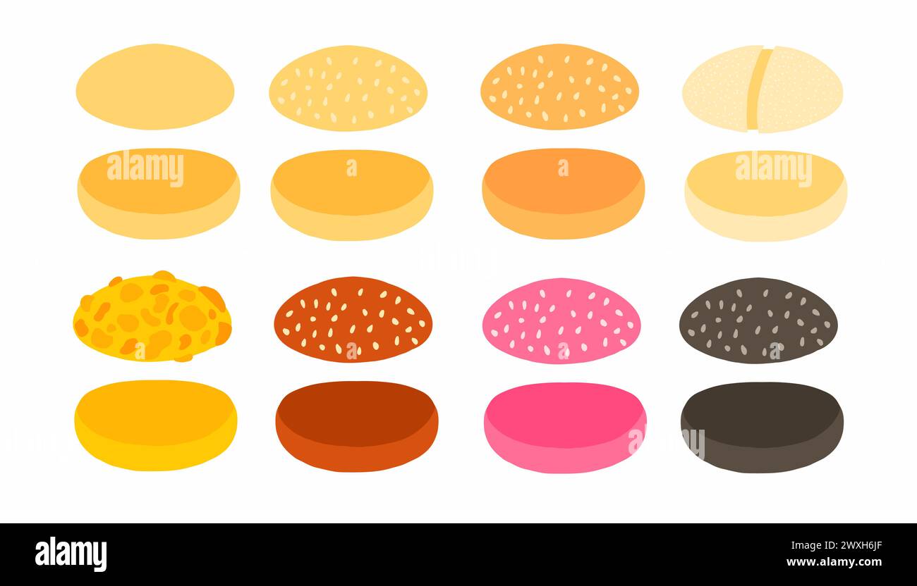 Collection Burger Buns en différentes couleurs. Simple, pain aux graines de sésame, frit, panini, fromage, seigle, rose et foncé. Illustrations vectorielles dans le dessin animé Illustration de Vecteur