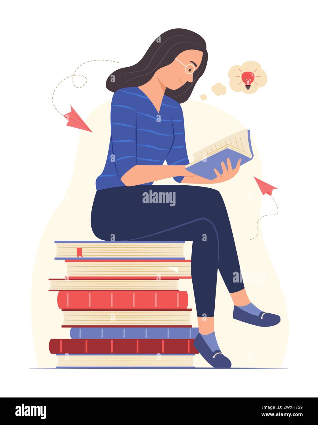 Femme assise sur la pile de livres et penser l'idée créative tout en lisant une illustration de concept de livre Illustration de Vecteur