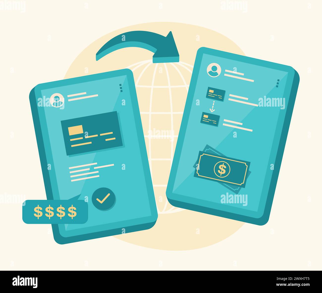Transfert d'argent en ligne par smartphone pour illustration de concept de technologie financière Illustration de Vecteur