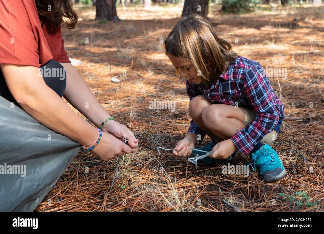 Mère et fils installant une pioche depuis une tente dans la forêt Banque D'Images