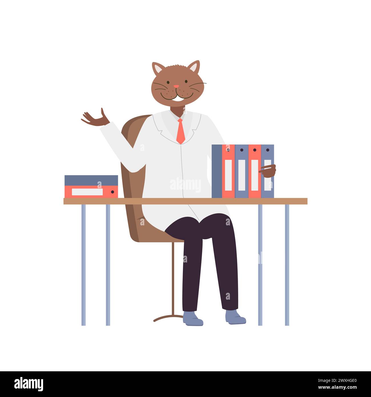 Docteur chat travaille à table. Travailleur de chat d'hôpital dans l'illustration vectorielle de dessin animé de manteau blanc Illustration de Vecteur