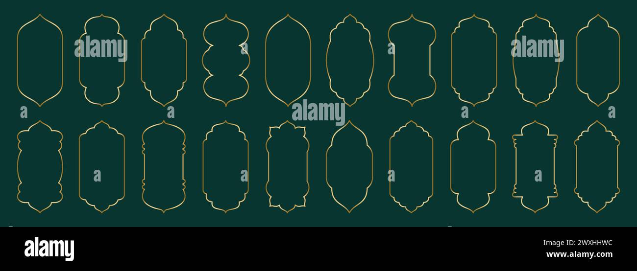 Cadre en arc mince or forme porte ou fenêtre islamique, géométrique, silhouette arc arabe. Luxueux ensemble dans un style oriental. Cadres en conception musulmane arabe pour Illustration de Vecteur