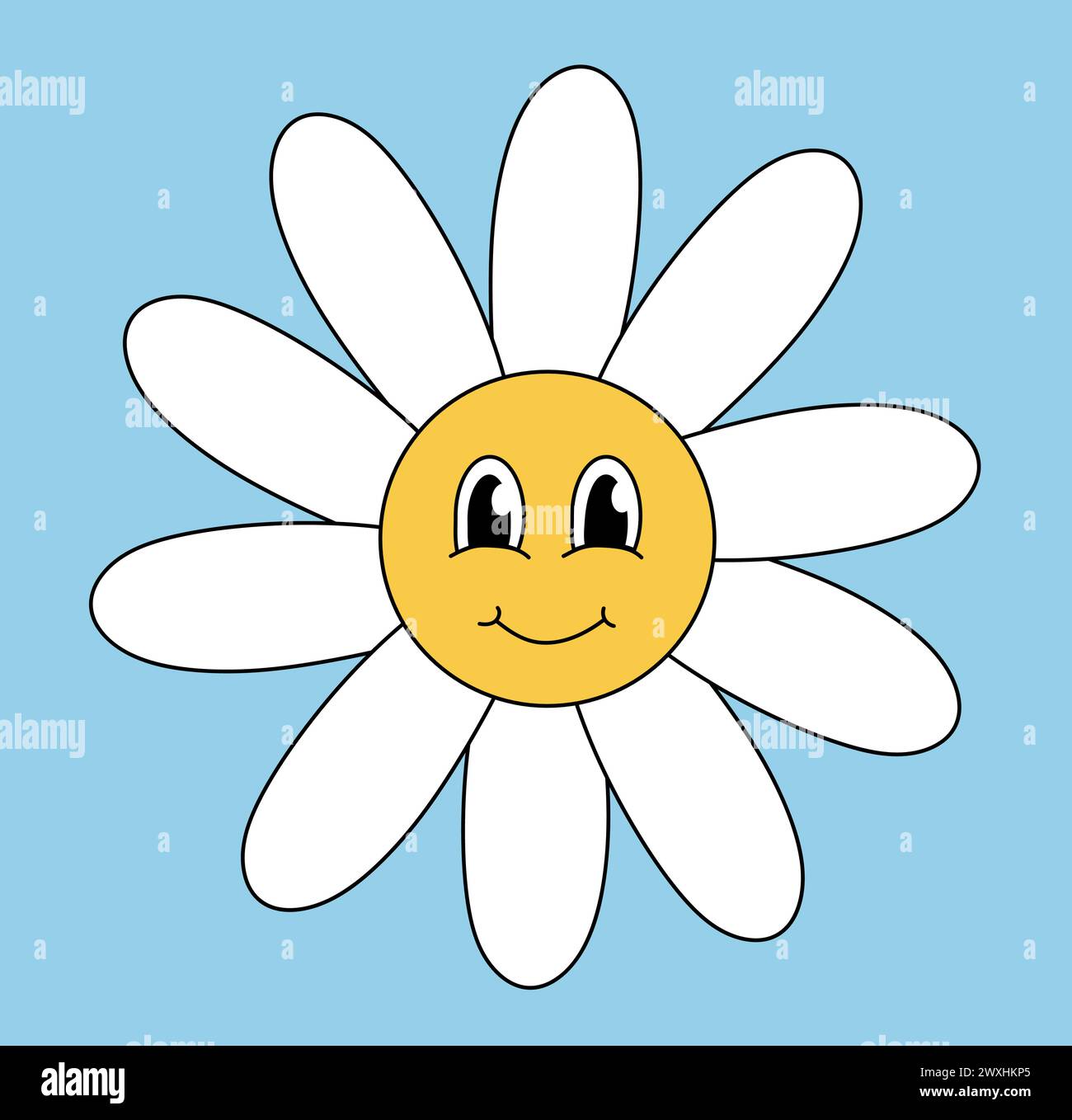 Rétro 70s 60s 80s Hippie Groovy Cute Daisy Fleur. Visage souriant. Elément de puissance fleur de camomille. Illustration vectorielle isolée sur fond bleu. Illustration de Vecteur